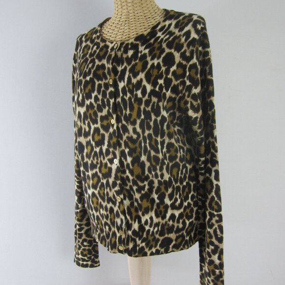 J Crew Womens L Brown Beige Cheetah Animal Print Merino Wool Cardigan Sweater - Picture 6 of 9